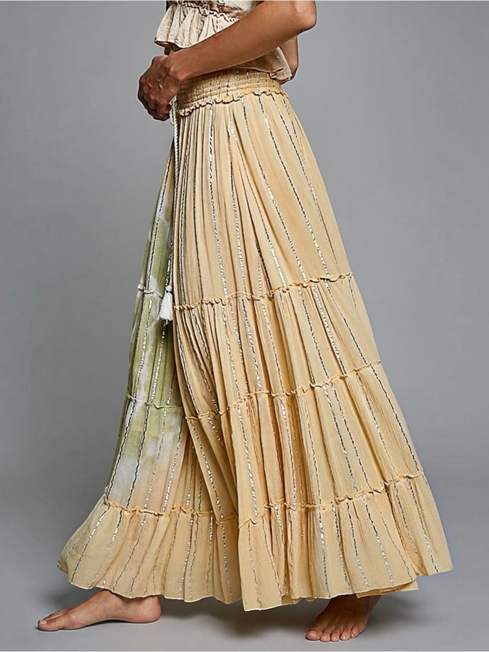 POL Tan Sage Boho Tiered Flowy Maxi Skirt | Smocked Waist Desert  Festival - Picture 6 of 9